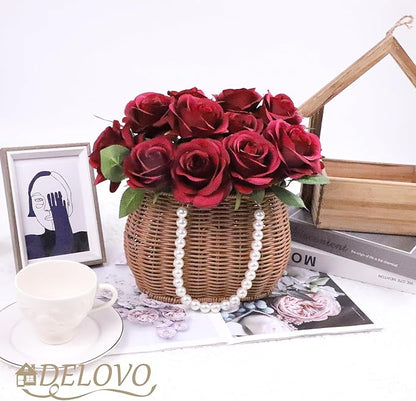 DELOVO 52pcs Burgundy roses artificial flowers Fake Flowers silk roses with Stems for DIY Wedding Bouquets Bridal Shower Centerpieces Arrangements Party Decorations