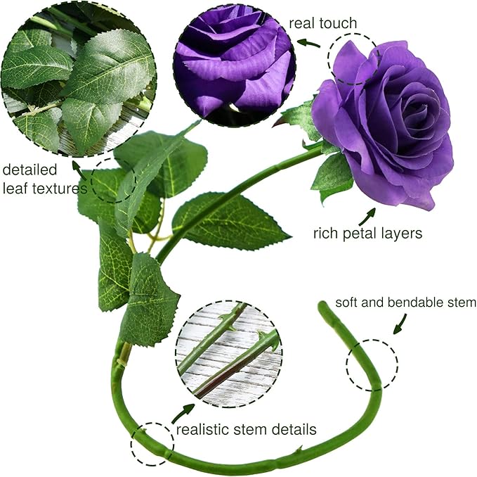 FiveSeasonStuff 12 Stems Artificial Flowers Real Touch Silk Roses for Wedding Decoration Bridal Bouquets Table Centerpieces Party Shower, Packed in Box (Imperial Purple) perial Purple