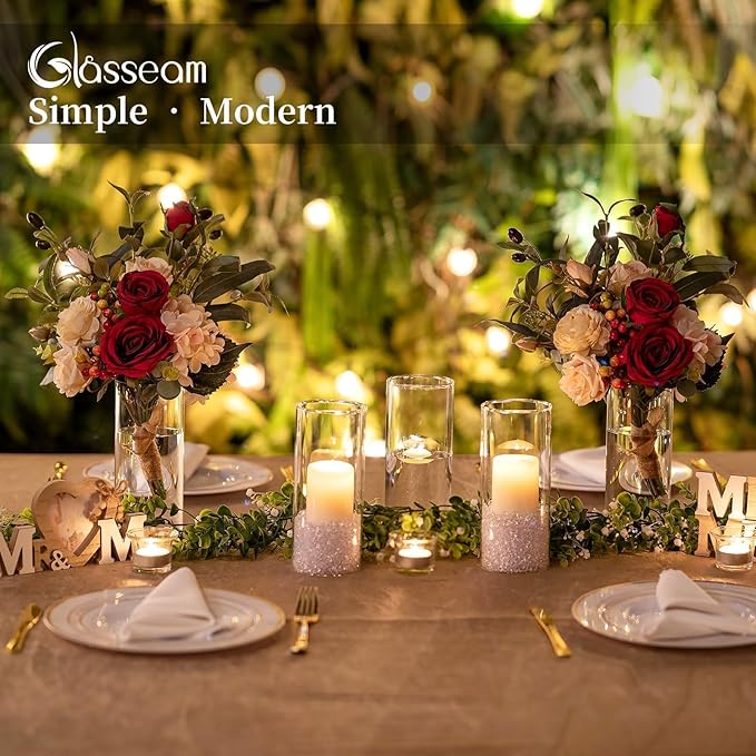 Glasseam Glass Cylinder Vases for Centerpieces, Clear Flower Vase Set of 12, Modern Floating Candle Vases Decor, Decorative Hurricane Pillar Candle Holders for Wedding Dining Table Decorations, 8in