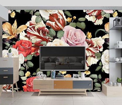 Black Rose Floral Wallpaper Botanical Flowers Leaf Bedroom murals Aesthetic Room Decor Living Room tv Background Large Wall Mural - 160"x108" Not Peel and Stick