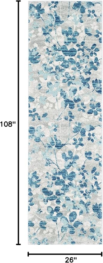 SAFAVIEH Evoke Collection 2'2" x 9' Grey/Light Blue EVK236J Floral Non-Shedding Living Room Entryway Foyer Hallway Bedroom Runner Rug