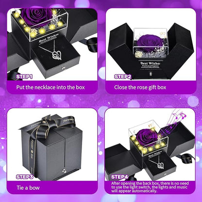 Christmas Birthday Gifts for Women - Preserved Real Rose with I Love You Heart 100-Language Necklace, LED Lights & Music Gift Box, Christmas for Women Girlfriend Mom