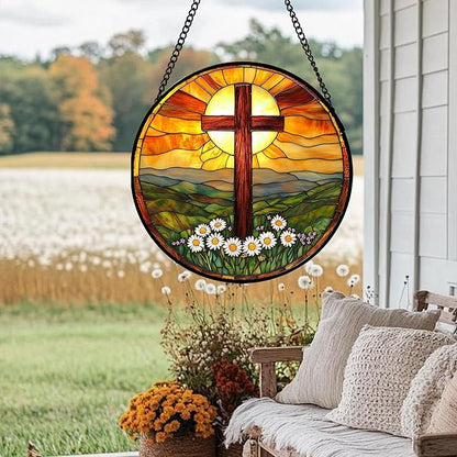 Christian Gifts for Women - Cross Stained Glass Window Hanging Easter Daisy Natural Landscape Sun Catcher Garden Religion Decor Mother's Day Catholic Gift for Men Grandma Mom Her Nana 7.8"