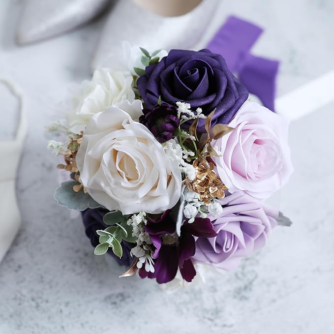ponatia Purple Wedding Bouquets for Bride Bridesmaid, Cream Wedding Artificial Roses Flowers for Wedding Bouquets Ceremony, Anniversary (Purple & Cream)