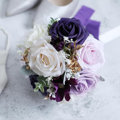 ponatia Purple Wedding Bouquets for Bride Bridesmaid, Cream Wedding Artificial Roses Flowers for Wedding Bouquets Ceremony, Anniversary (Purple & Cream)