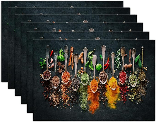 Cooking Herbs Spices Placemats Set of 6 Place Mats for Kitchen Table Washable Farmhouse Linen Table Mats Dining Decoration 12x18 Inch