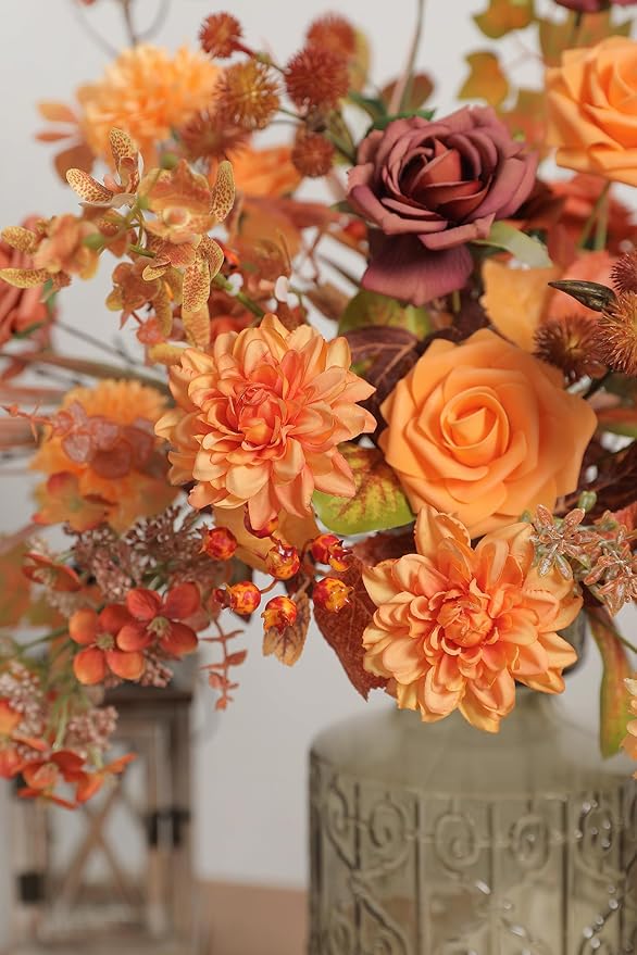 Fall Orange Artificial Flowers Combo Box Set Gradient Color Flower Leaf with Stems for DIY Wedding Bouquets Centerpieces Baby Shower Party Home Decorations