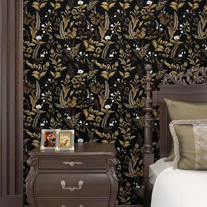 Extra Long Dark Floral Peel and Stick Wallpaper, Vintage Black Gold Leaf Wallpaper, Removable Contact Paper Self Adhesive for Bedroom Bathroom Cabinet Black Gold White 17.5In x 393In