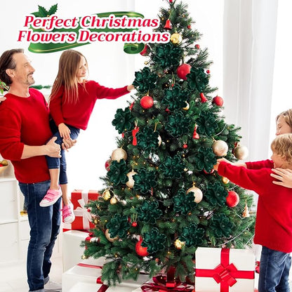 20 Pcs Christmas Glitter Poinsettia Magnolia Flowers Ornaments Large Heads Artificial Magnolia Flowers for Christmas Tree Xmas Wreath Holiday Wedding Decor(Green)
