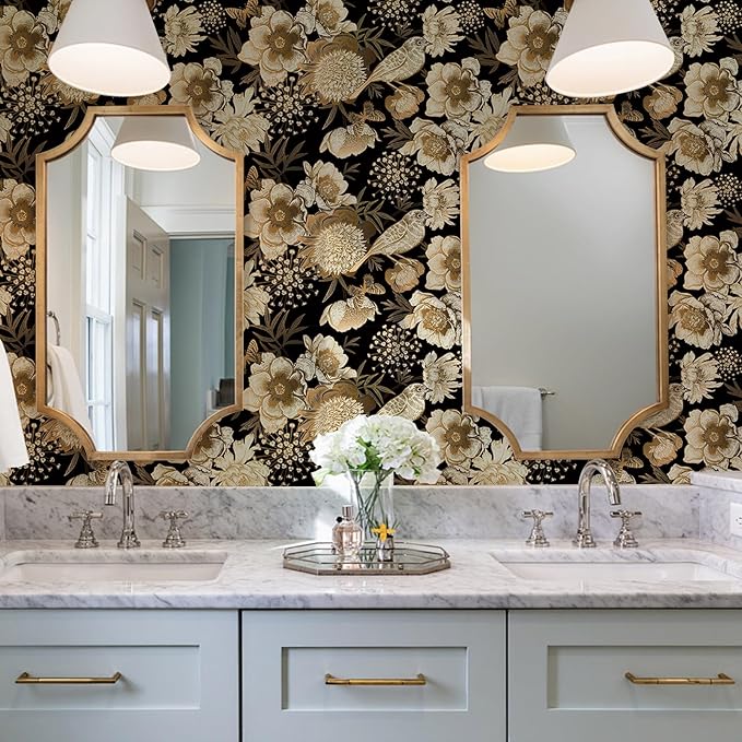 Floral & Birds Peel and Stick Wallpaper Antique Gold Black Self Adhesive Removable Floral Wallpaper for Bedroom Renter Friendly Floral Contact Paper for Bedroom Bathroom Walls Shelf Liner 17.7"x118.1"