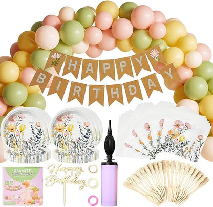 124 PCS Wildflower Party Decorations – Includes Wildflower Balloon Arch Kit, Pump, Banner, Paper Plates, Napkins, Bamboo Forks, and Wooden Cake Topper – Floral Birthday Decorations, Serves 20 Guests