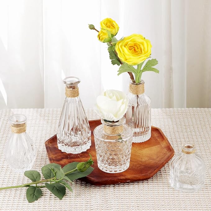 MDLUU Glass Bud Vases, Decorative Glass Bottles, Vintage Embossed Different Shapes for Wedding Centerpiece, Party, Home Decor, Set of 10 Clear