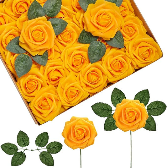 InnoGear Artificial Flowers, 50 Pcs Yellow Foam Fake Roses Bulk with Stems for Autumn Fall Decoration DIY Wedding Bouquets Centerpieces Bridal Shower Party Christmas Tree