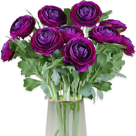 Artificial Ranunculus Flowers with Real Touch Stem, Silk Ranunculus Flowers (Purple, 10pcs)