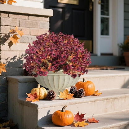 Artificial Fall Flowers Faux Mums for Outdoor Indoor Garden Home Decoration, Faux Flower Daisy with Eucalyptus Leaves Fake Mums Plants Greenery Boxwood Porch Patio, 12 Bundles