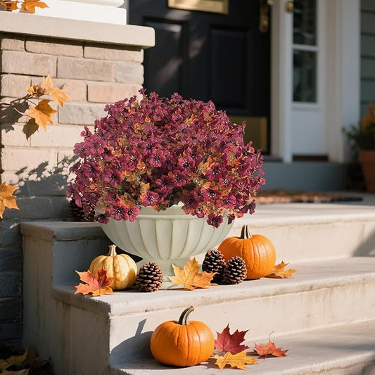 Artificial Fall Flowers Faux Mums for Outdoor Indoor Garden Home Decoration, Faux Flower Daisy with Eucalyptus Leaves Fake Mums Plants Greenery Boxwood Porch Patio, 12 Bundles