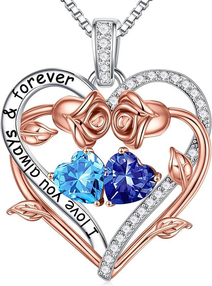 Iefil Rose Heart Double Birthstone Necklace Gifts for Wife Her Mom Women, Birthstone Jewelry Gemstone Birthday Gifts for Girlfriend Grandma Her Wife Women
