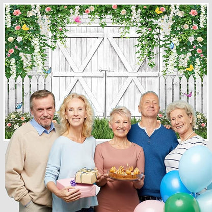 AOFOTO White Barn Door Floral Backdrop 7x5ft Spring Garden Background Banner Green Leaves Flowers Butterfly Wooden Door Backdrops Birthday Bridal Shower Wedding Banner Photo Booth Studio Props