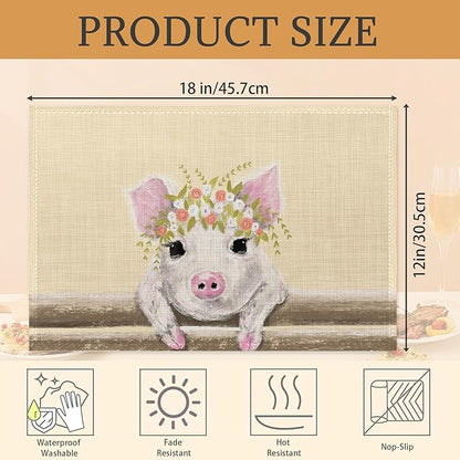 Placemats Set of 6, Cute Little Pig with Floral Wreath Linen Place Mats,Modern Washable Table Placemats 12"x18" Heat Resistant Table Mats for Dining Kitchen Party Holiday Decoration