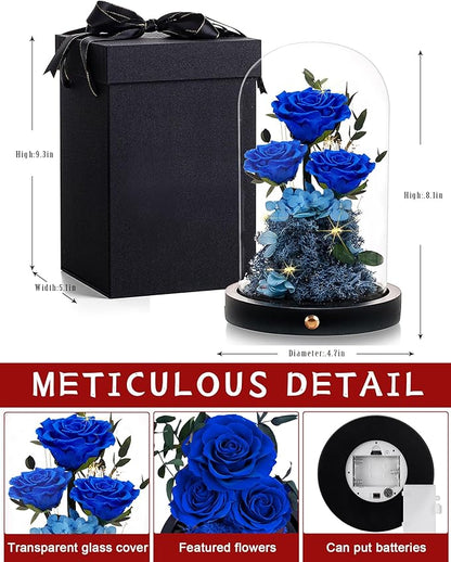Christmas Flowers Roses Gifts for Mom,Forever Real Preserved Roses in Glass Dome,Christmas Anniversary Thanksgiving Gifts for Wife Girlfriend Women Best Friend Grandma/Blue Rose