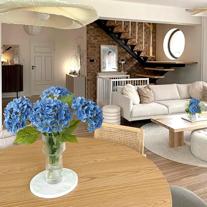 Savoy Blue Boho Artificial Hydrangeas Flowers, 4Pcs 20" Real Touch Lifelike Silk Artificial Hydrangeas, Full Fake Flowers for Bouquets Table Centerpieces Spring Wedding Indoor Home