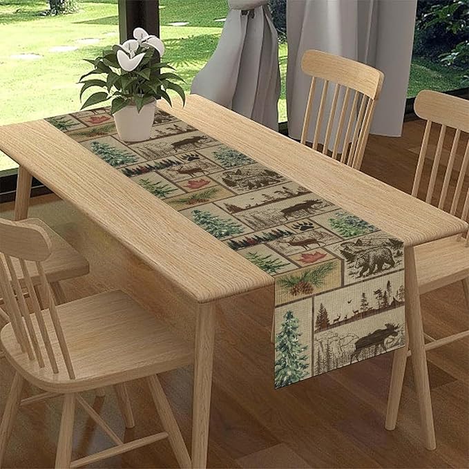 Rustic Cabin Table Runner, Farmhouse Deer Bear Retro Pine Forest Wooden Plank Wild Animal Seasonal Coffee Table Center Decor for Home Kitchen Dining Patio Holiday Party Table Decorations 13x90 inches