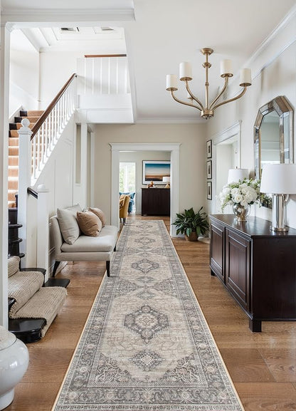 Lahome Oriental Hallway Runner Rug, 2.5x12 Washable Runners for Hallways Kitchen, Soft Distressed Non Shedding Long Carpet for Entryway ‎Laundry Room, Grey/Brown