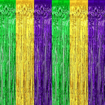 4 Pack Mardi Gras Foil Fringe Curtain Backdrop, 3.28Ft x 8.2Ft Gold Green Purple Metallic Tinsel Foil Fringe Streamers Curtains for Photo Booth, Wedding, Birthday Party Decoration