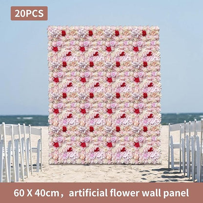 20 Pack Flowers Wall Panels Artificial Floral Wall Mat Handmade 3D Silk Rose Hydrangea Dahlia Floral Panels for Photo Background Home Party Wedding Backdrop Decoration, 24 x 16 inch (E)