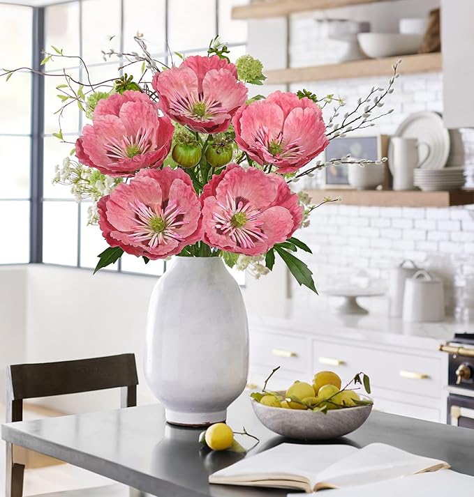 Hollyone 5Pcs Pink Poppy Flowers Artificial Bouquet 32.2" Silk Fake Poppy Flowers Arrangement Real Touch Faux Poppies Flower Long Stem for DIY Wedding Party Table Centerpiece Table Home Decor