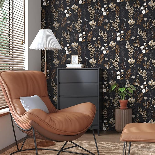 Black Wallpaper Peel and Stick Gold Leaf Contact Paper Black Gold Wallpaper 17.4" x 394" Waterproof Self-Adhesive Wall Covering for Bedroom Countertop Desk Cabinets Decor