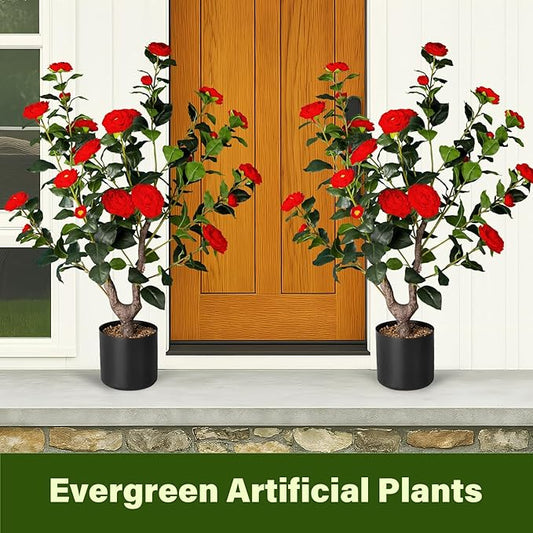 Artificial Camellia Tree,2Pack 3FT Faux Red Camellia Plants in Pots,Lifelike Artificial Flower Trees for Indoor Outdoor Home Decor,Realistic Blooming Faux Plants for Living Room Porch Patio Office
