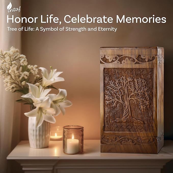 INTAJ Handcarved Wooden Cremation Urn for Human Ashes - Tree of Life Design, 640lbs Capacity, Suitable for Adult Men and Women - Decorative Funeral Urn Box and Casket - Companion Urn Carved Box