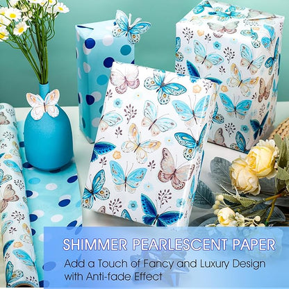MAYPLUSS Butterfly Wrapping Paper, Vintage Watercolor Butterfly Fairy Gift Wrapping Paper for Women Girls Pearl Birthday Wrap in Blues Reversible Polka Dot for Baby Shower, Wedding (17Inch X 33Feet)