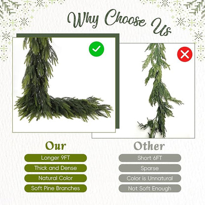 N&T NIETING 9FT Christmas Norfolk Pine Garland Real Touch Pine Artificial Garlands Faux Greenery Garland Winter Christmas Garland for Table Mantle Fireplace Indoor Outdoor Xmas Decorations (6 Pcs)