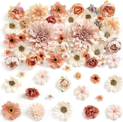 Fake Flower Heads Mini Artificial Flower Brown Faux Dahlia Rose Flowers for Crafts Cake Blossom Wreath Bouquets for Wedding Bridal Party Baby Shower Graduation Season Home Decor