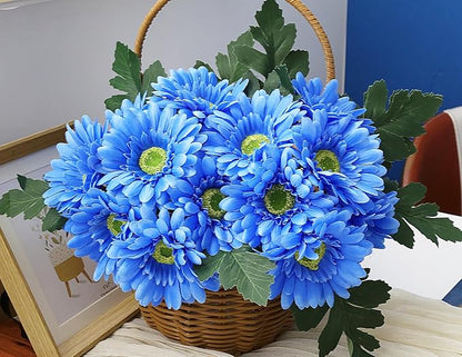 IPOPU 2 Bundles Artificial Gerbera Daisy Flowers 14 Heads Blue Fake Daisy with Stems Faux Silk Daisy Flowers for Wedding Bridal Bouquet Party Floral Arrangements Table Centerpiece Decor (Blue)