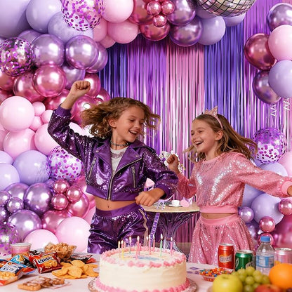 Purple Pink Balloon Garland Arch Kit Birthday Party Decorations, Music Themed Foil Fringe Curtains Backdrop Tinsel Streamer Photo Booth Props for Girls Butterfly Christmas Party Decor Supplies