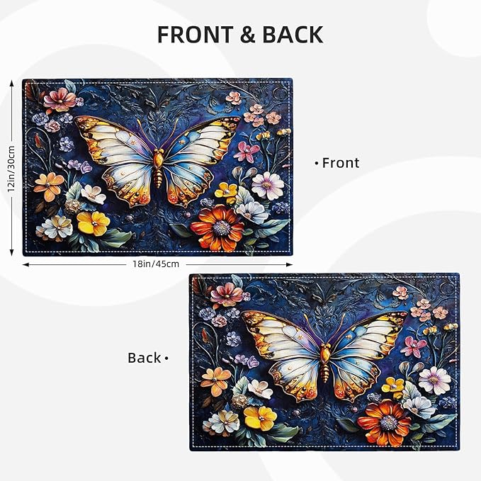 Colorful Butterfly Placemats Set of 6, Spring Place Mats, Florals Dining Table Mats, Rustic Washable Placemats for Kitchen Dining Room Home Decor 18L'' × 12W''