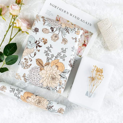 WRAPAHOLIC 30 Inch Floral Wrapping Paper - 30 Inch X 33 Feet - Vintage Floral Printed on White Pearlized Paper Design for Wedding, Birthday, Mother's Day, Party