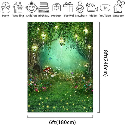 Riyidecor Enchanted Backdrop Polyester Fabric Wonderland Green Fairy Tale Butterfly Woodland Spring 6Wx8H Feet Dream Mushroom Photography Background Baby Shower Birthday Photo Studio Shoot