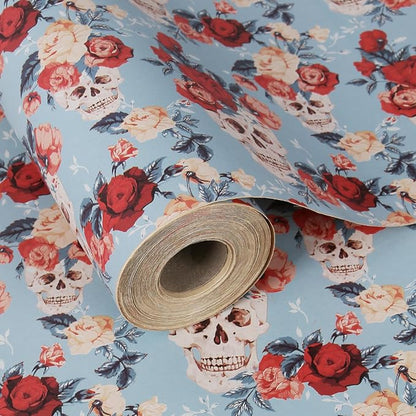 Aimyoo Blue Red Floral Skull Kraft Wrapping Paper Jumbo Roll, Gothic Flower Gift Wrap Paper for Birthday Bridal Shower 17 in x 60 ft
