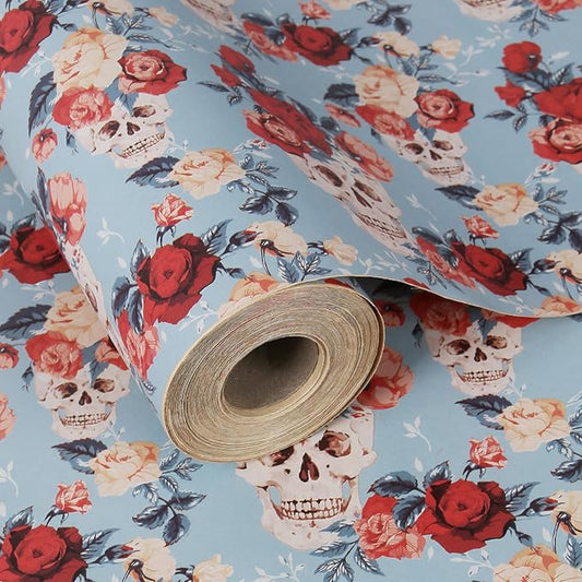 Aimyoo Blue Red Floral Skull Kraft Wrapping Paper Jumbo Roll, Gothic Flower Gift Wrap Paper for Birthday Bridal Shower 17 in x 60 ft