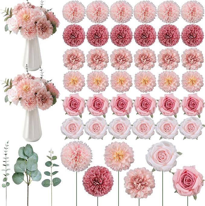 98 Pcs Assorted Faux Flowers Heads with Stem Eucalyptus Leaves Silk Artificial Flowers Bouquet Floral Table Centerpieces for DIY Wedding Party Wreath Home Decoration(Champagne,Stylish Style)