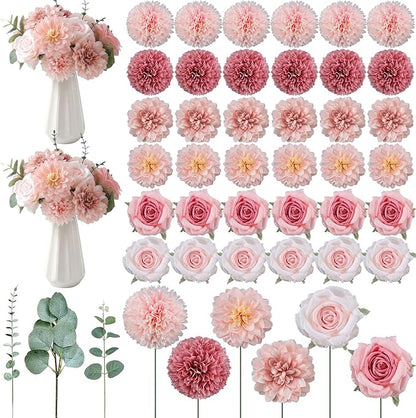 98 Pcs Assorted Faux Flowers Heads with Stem Eucalyptus Leaves Silk Artificial Flowers Bouquet Floral Table Centerpieces for DIY Wedding Party Wreath Home Decoration(Pink,Delicate Style)