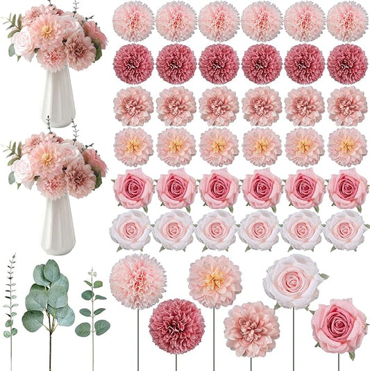 98 Pcs Assorted Faux Flowers Heads with Stem Eucalyptus Leaves Silk Artificial Flowers Bouquet Floral Table Centerpieces for DIY Wedding Party Wreath Home Decoration(Pink,Delicate Style)