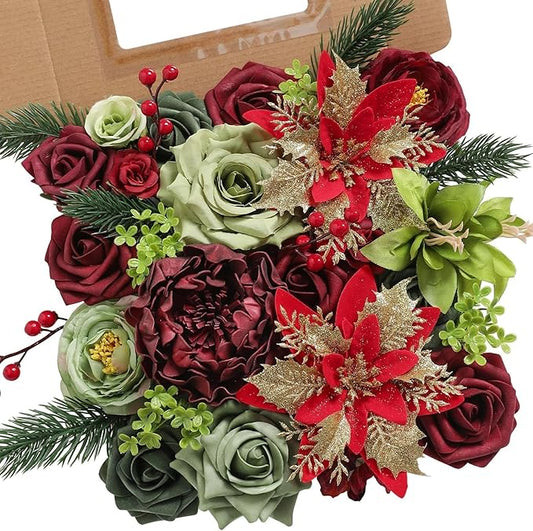 Christmas Artificial Flowers Box Silk Fake Roses with Stems for DIY Christmas Tree Wreath Decor,Floral Arrangement Cake Table Centerpieces Wedding Bouquet Baby Shower Birthday Home Decor