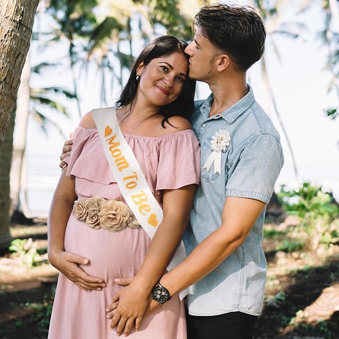 Baby Shower Maternity Sash Belly Belt-Pink Flower Sash Set Mom to Be & Dad to Be Corsage Pins for Gender Reveal