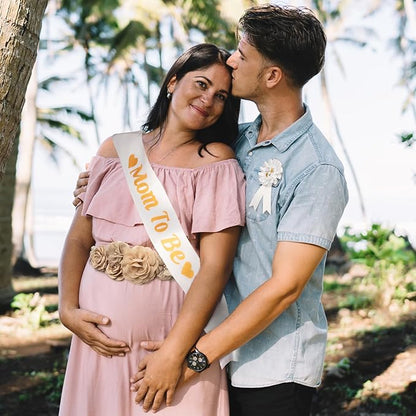 Baby Shower Maternity Sash Belly Belt-Pink Flower Sash Set Mom to Be & Dad to Be Corsage Pins for Gender Reveal