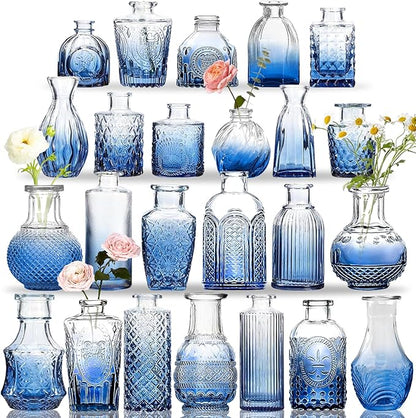 Bud Vases Set of 24, Gradient Blue Vintage Small Vases for Flowers, Clear Crystal Mini Glasses in Bulk, Small Flower Design for Centerpieces Wedding Home Flower Party Decor
